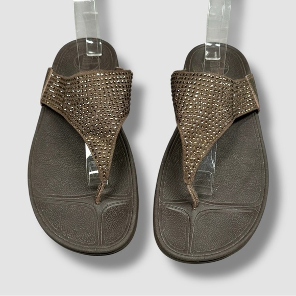 FitFlop Rokkit Leather Rhinestone Thong Sandal Size 10 Brown Thong Platform - Picture 4 of 11